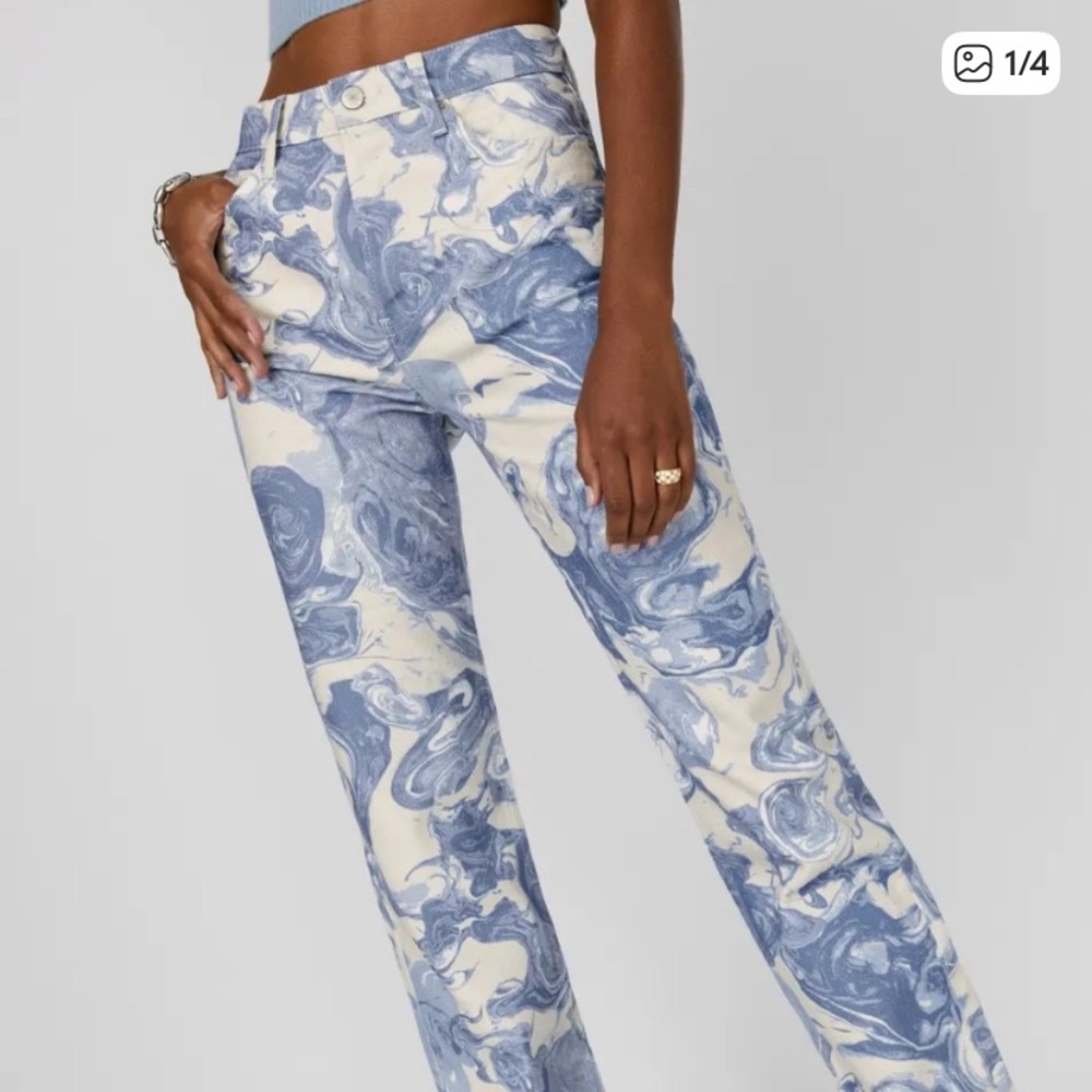 REFORMATION marble high rise straight jeans button fly size 28 blue and white
